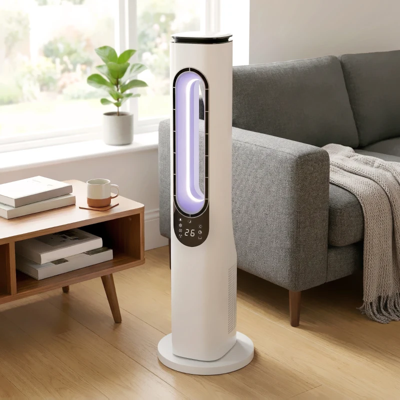 HOMCOM Ventilador de Torre sin Aspas con Luces LED Control Remoto 3 Velocidades 3 Modos Temporizador 15H Oscilación 50° Blanco