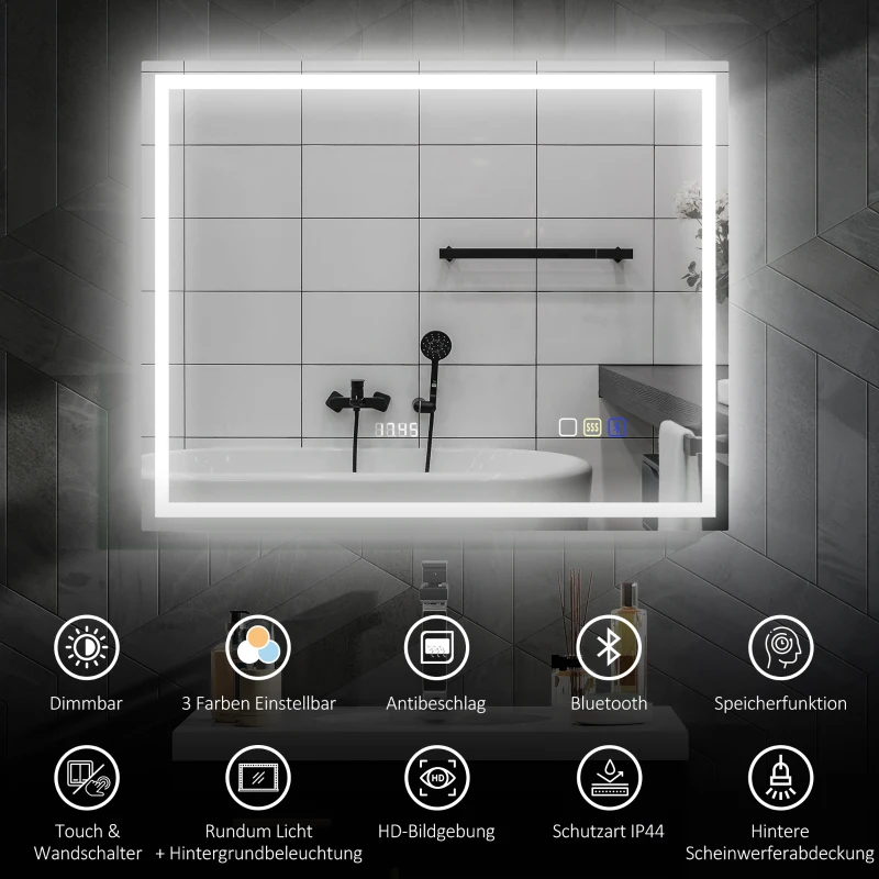 HOMCOM LED-badkamerspiegel met Bluetooth-functie, anti-condensfunctie, 3 lichtkleuren, klok, touchschakelaar, zilverkleurig