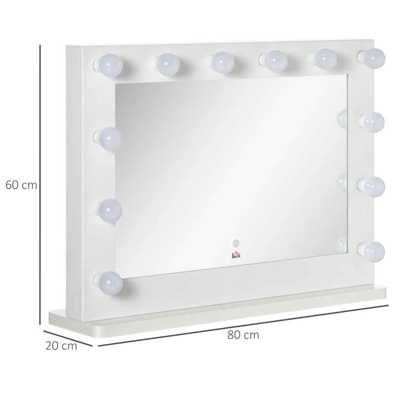HOMCOM Hollywoodspiegel met verlichting, aanraakbediening, geheugenfunctie, 12 dimbare LED-lampen, wit, 80 x 60 cm