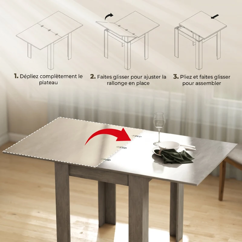 HOMCOM Table à manger extensible rectangle pour 4 à 6 personnes, table de cuisine 70-140 cm, patins en feutre, gris