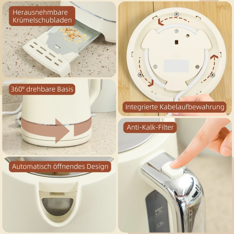 HOMCOM Set van 1,7 L Waterkoker en Toaster met 6 Bruiningsstanden, Beige