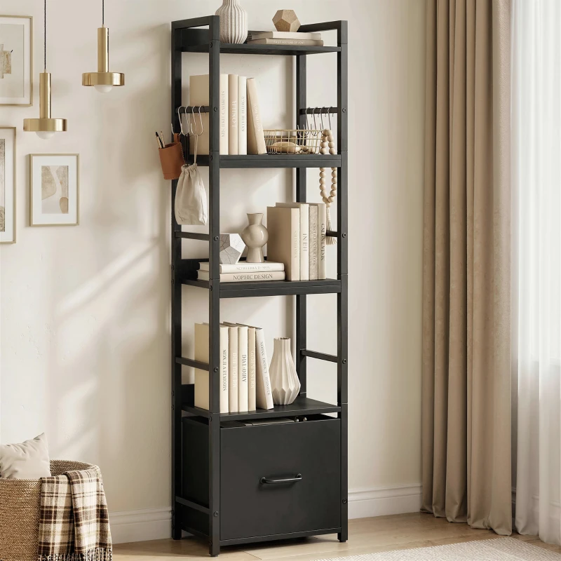 HOMCOM 4-Tier Bookshelf, Narrow Bookcase with Drawer, 8 Hooks, Metal Frame, Black