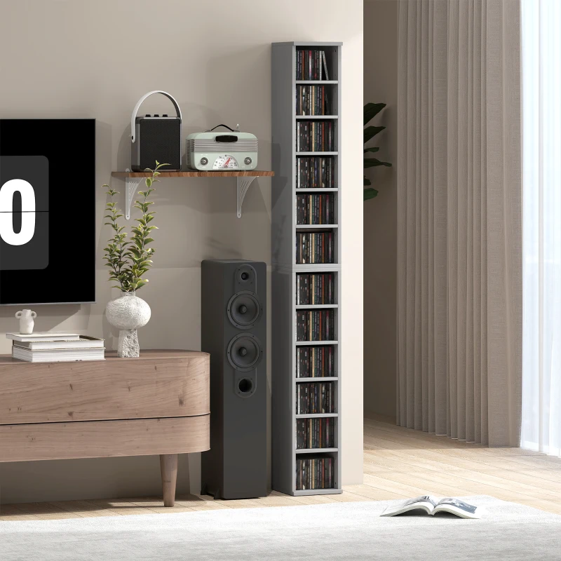 HOMCOM Set of 2 CD Media Display Shelf Unit Tower Rack with Adjustable Shelves, Light Grey