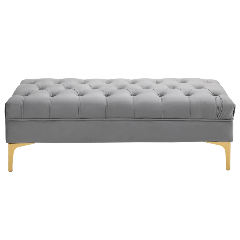 HOMCOM Banc banquette capitonnée bout de lit style classique chic dim. 118L x 45l x 42H cm piètement métal doré velours gris clair