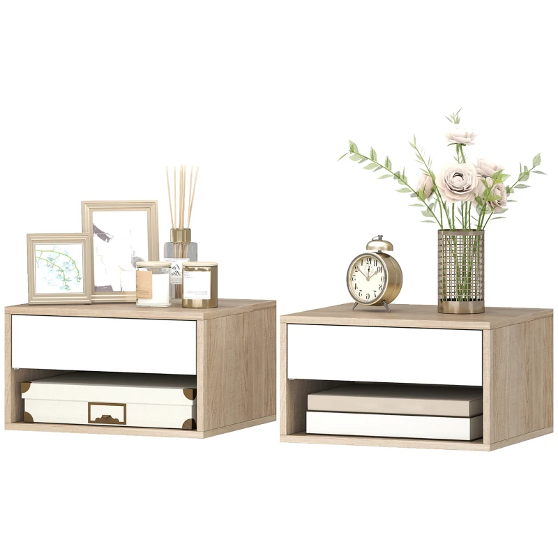 HOMCOM Lot de 2 tables de chevet murales, tables de nuit, tiroir, compartiment ouvert, plateau, 37 x 32 x 21 cm, bois naturel