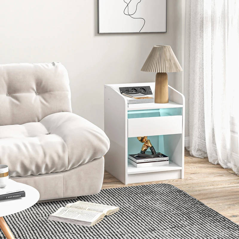HOMCOM Mesa de Cabeceira com Luzes LED Gaveta Prateleira Estação de Carregamento Entrada USB e Controlo Remoto 40x40x58 cm Branco