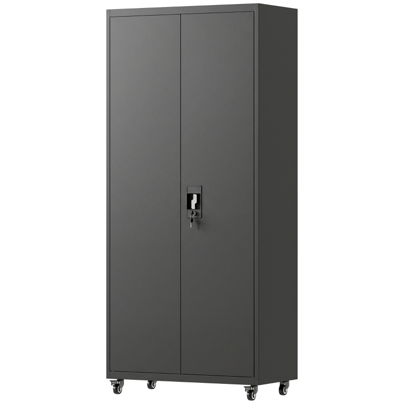 HOMCOM Afsluitbare metalen opbergkast met wielen, 5 verstelbare planken, staal, 80 x 40 x 180 cm, zwart