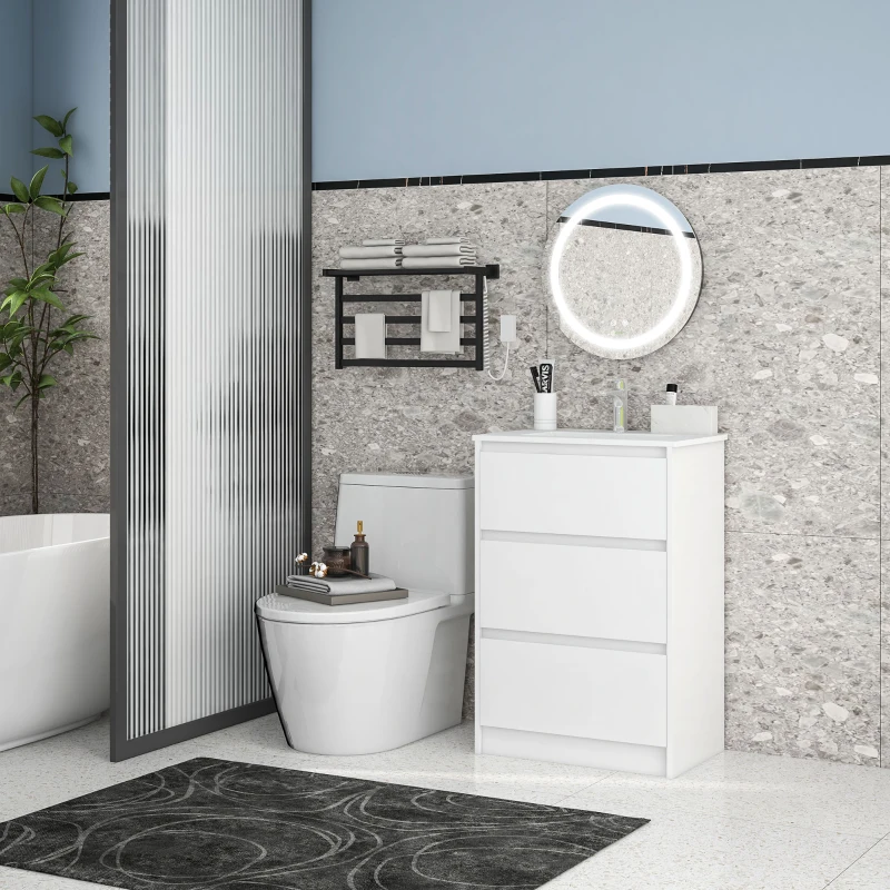 kleankin Móvel com Lavatório 61x37x88 cm e 1 Espelho com Luz LED Anti-Embaciamento Ø50x4,6 cm Branco Brilhante e Prata