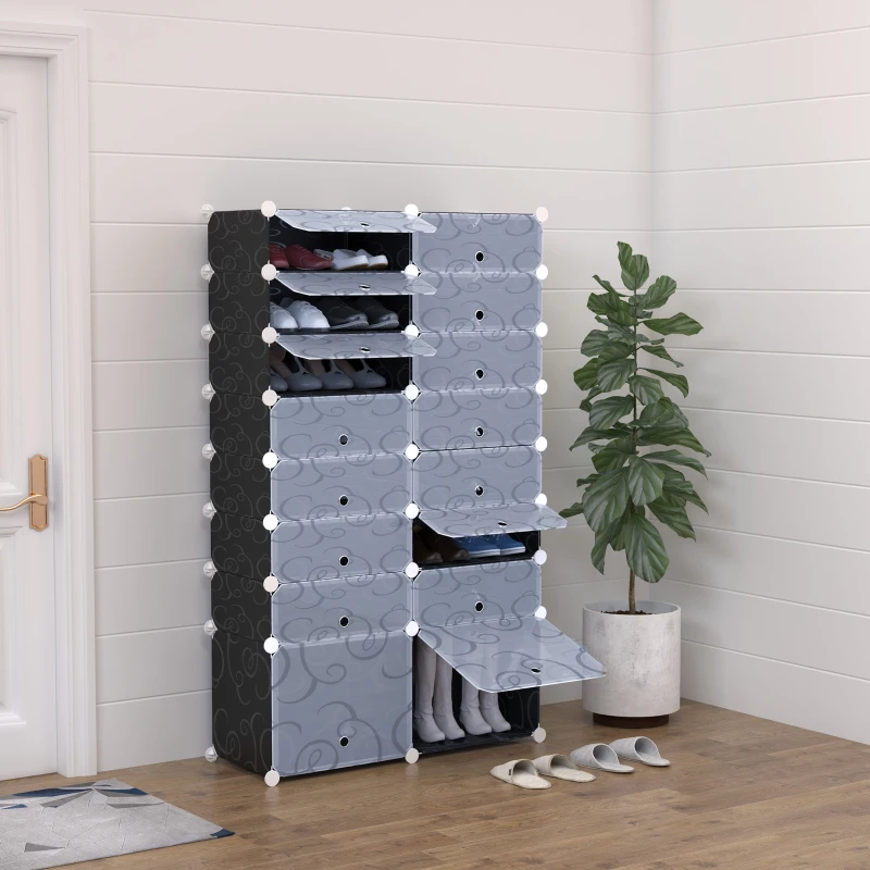 HOMCOM Armoire à Chaussures Modulable Range Chaussures L 95 x l 37 x H 160 cm 14 Cubes rectangulaires et 2 Grands Cubes Noir et Blanc en plastique