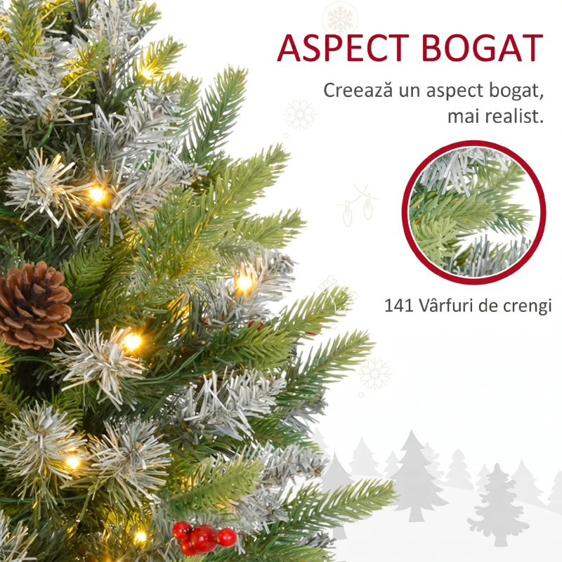HOMCOM Mini Brad de Crăciun 60 cm cu lumini LED, 141 ramuri, conuri de pin, bobițe roșii, bază din ciment, verde