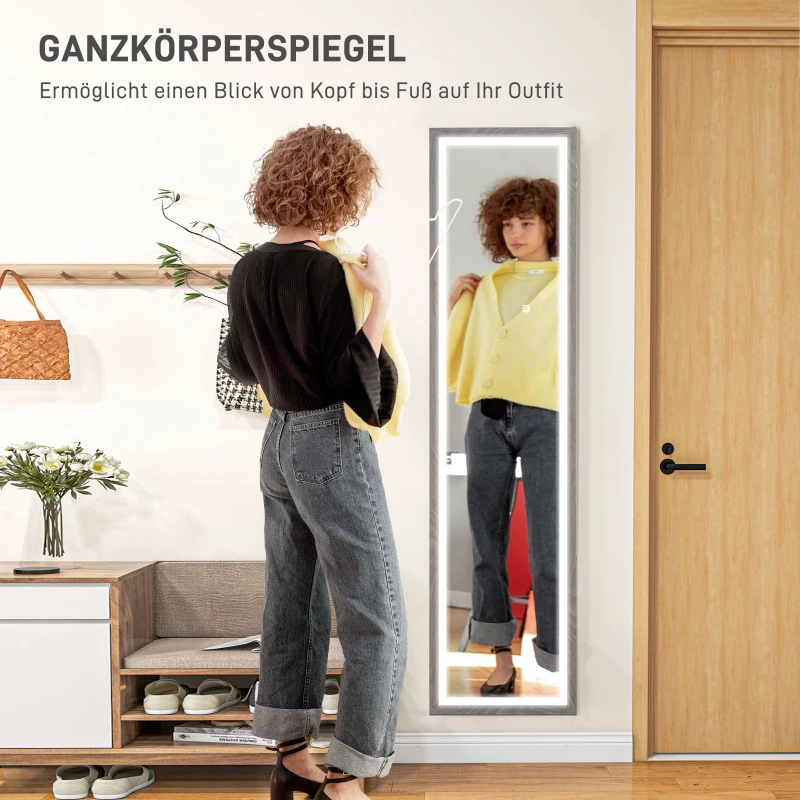 HOMCOM LED full-length spiegel, 40 x 160 cm, touch-bediening, dimbaar, 3 kleuren, Grijs