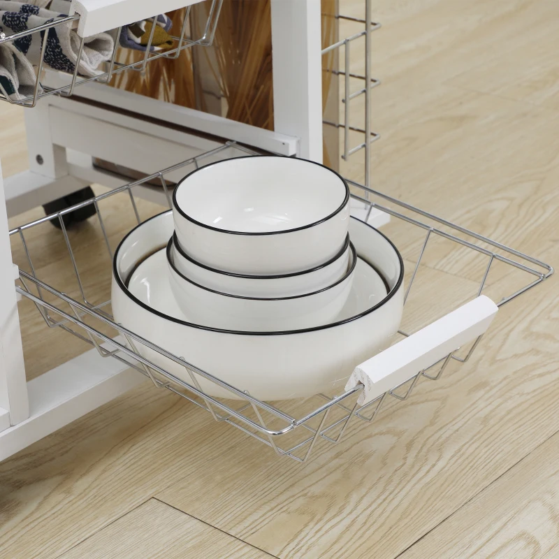 HOMCOM Carrello da Cucina con Cassetto, 4 Cesti e 4 Ripiani, in Metallo, Ceramica e Legno, 57x37x83 cm, Bianco