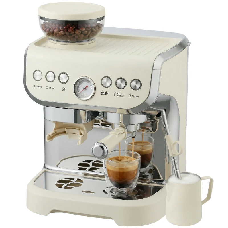 HOMCOM 15 Bar Coffee Machine, with Adjustable Grind, Steamer and Accessories - Cream White