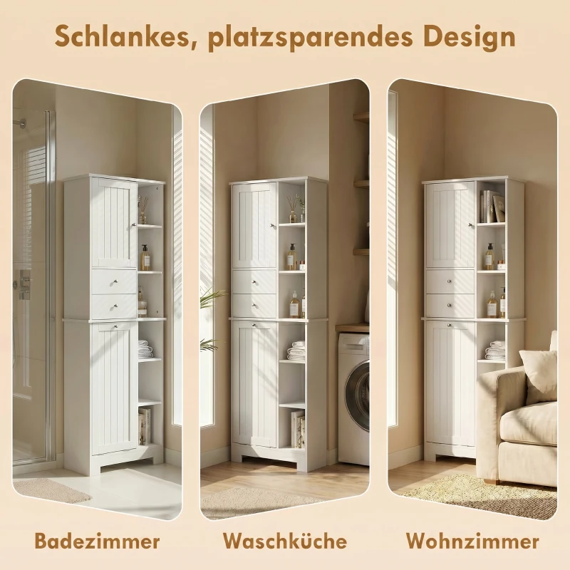 HOMCOM Badkamerkast 171 cm hoog, smalle kast met uitschuifbare wasmand en 2 lades, wit