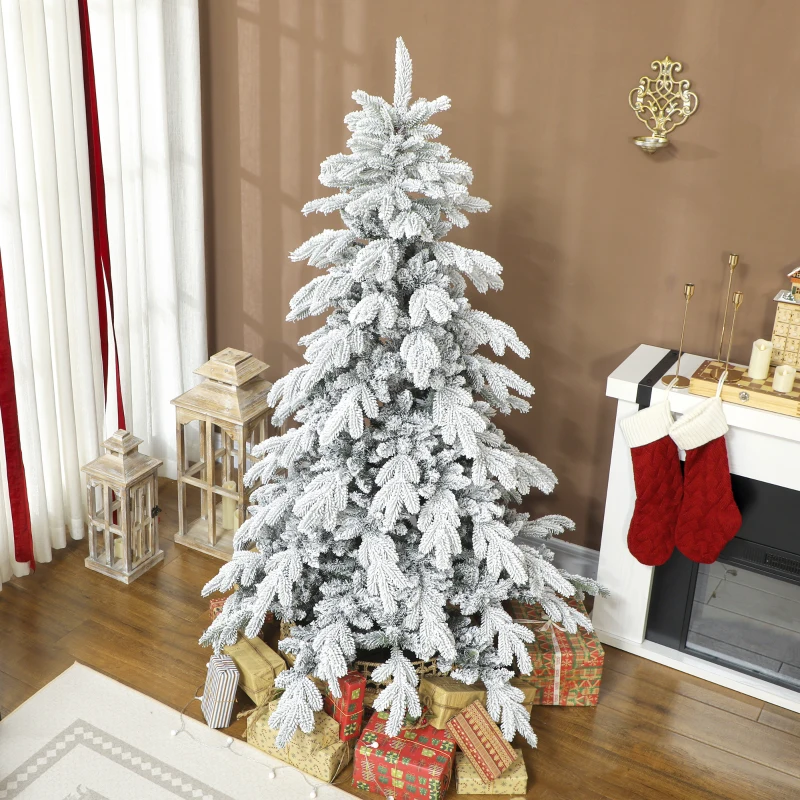 HOMCOM 6ft Super Flocked Christmas Tree - Green/White