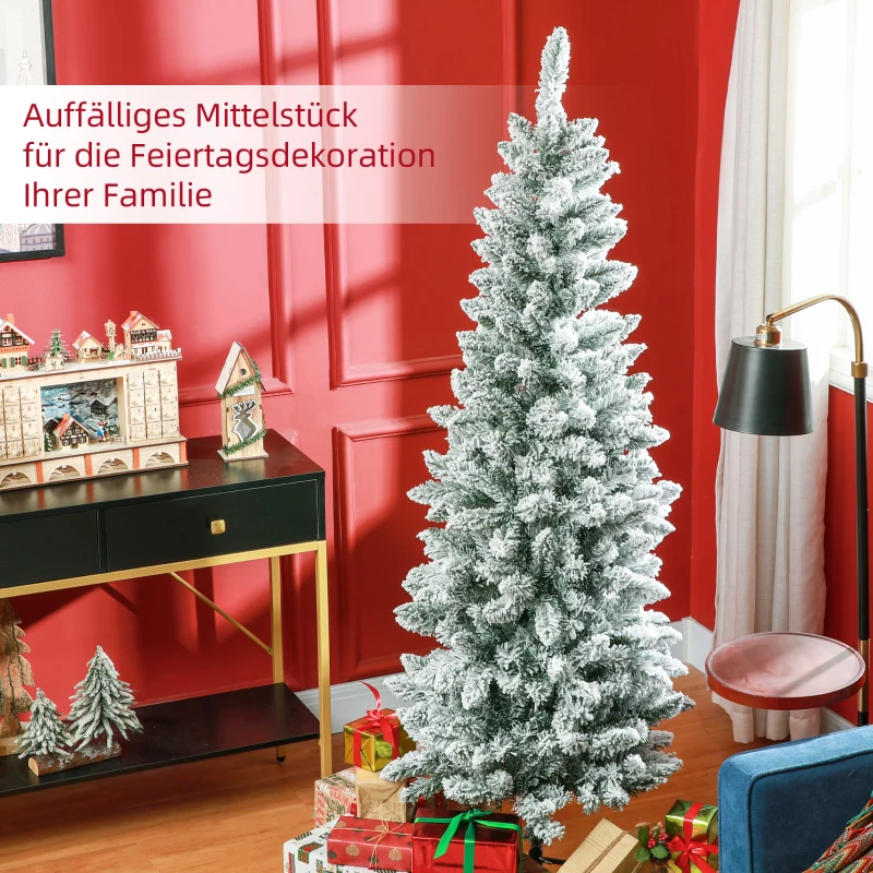 HOMCOM Kunstkerstboom, Slanke Vorm, Kunstmatige Sneeuw, Driedelig, Vlamvertragend, Metalen Voet, 180 cm, Groen