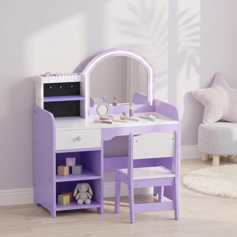 AIYAPLAY Tocador de Maquillaje Niña con Espejo de LED de 2 Colores Taburete 2 Soportes para Joyas Cajón 2 Compartimentos Morado