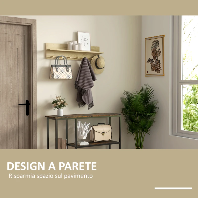 HOMCOM Mensola da Parete in Legno di Abete con 7 Ganci per Ingresso e Soggiorno, 80x12x20 cm
