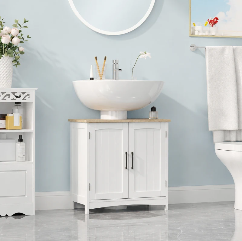 kleankin Mobile Sotto Lavabo Bagno con 2 Ante e Ripiano Regolabile, 60x33x60cm, Legno e Bianco