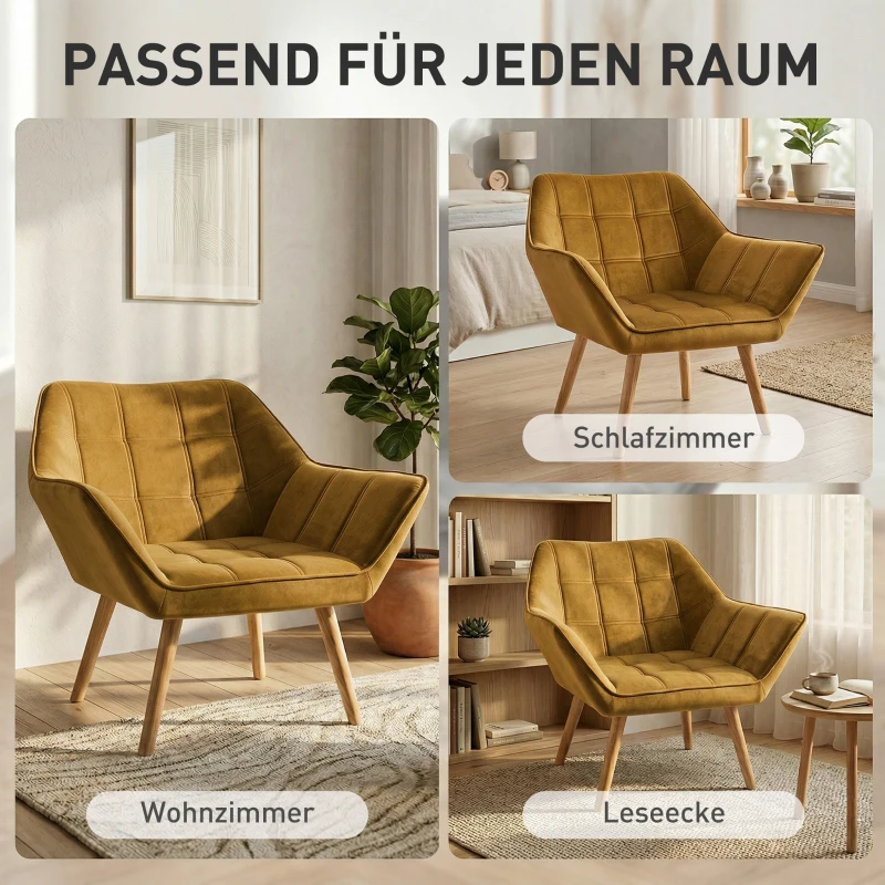 HOMCOM Gestoffeerde Stoel, Accentstoel, Scandi Ontwerp, Fluwelen Look, tot 120 kg, Rubberhout Poten, Geel
