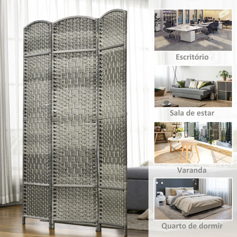 HOMCOM Biombo Dobrável de 3 Painéis Divisor de Ambientes 135x180 cm Ecrã de Privacidade de Polipropileno  Cinza Misto
