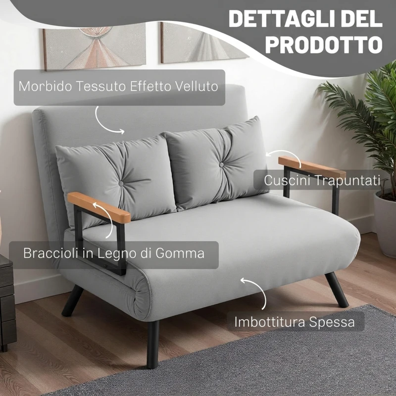 HOMCOM Divano Letto 3 in 1 in Tessuto Effetto Velluto con Schienale Regolabile e 2 Cuscini, 102x73x81 cm, Grigio Chiaro