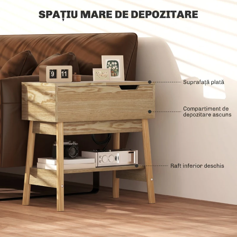 HOMCOM Măsuță de cafea în stil Boho cu raft ascuns și raft deschis, din MDF, 30x60x60,5 cm, culoare lemn