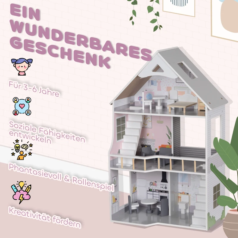 AIYAPLAY poppenhuis, 3-laags houten speelhuis met 13 meubels en trap, 85,3 cm hoog, speelgoedcadeau voor meisjes van 3-6 jaar, grijs