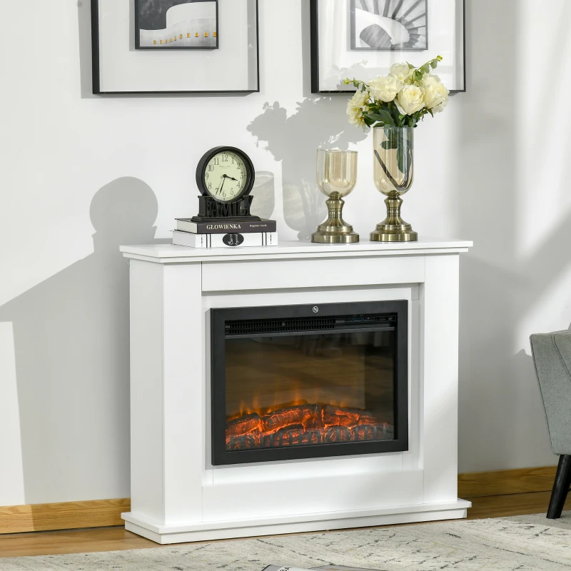 HOMCOM Camino Elettrico Effetto Fiamma Realistico con Cornice in Legno, Caminetto Elettrico con Termostato, Protezione da Surriscaldamento, Timer e Telecomando, 1000W e 2000W, 98x27.5x80cm, Bianco