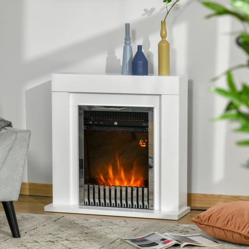 HOMCOM Chimenea Eléctrica 1000/2000W Chimenea Decorativa con Marco Llama Termostato Mando a Distancia Temporizador y Protección Sobrecalentamiento para 20-25 m² Blanco