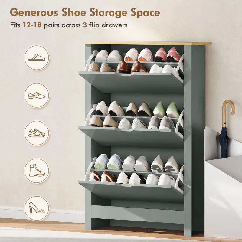 HOMCOM Slim Shoe Cabinet, Narrow Shoe Cupboard with 3 Flip Drawers, Adjustable Shelves for 18 Pairs of Shoes, Light Grey
