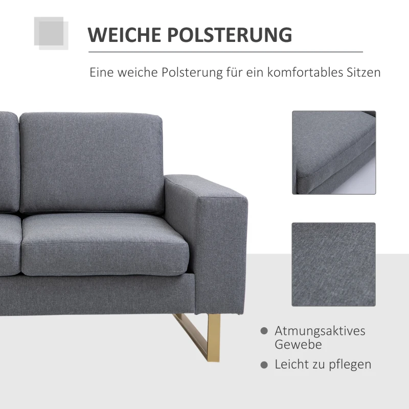 HOMCOM 2-zitsbank stoffen bank hoekbank gestoffeerde bank zitmeubelen kussens armsteun hout metaal lichtgrijs 160 x 82 x 78 cm