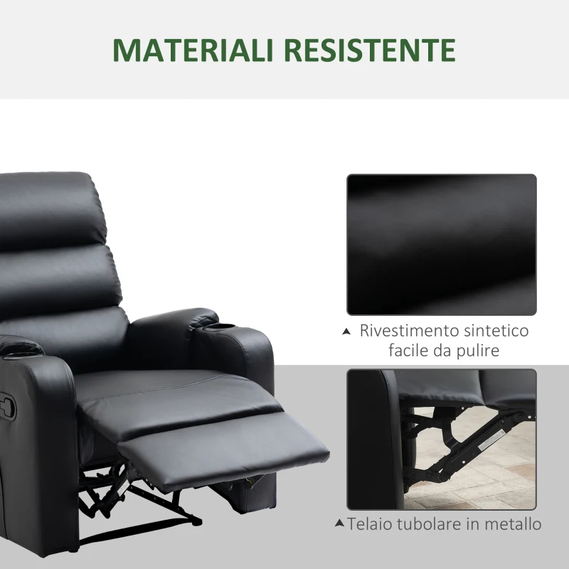 HOMCOM Poltrona Relax Reclinabile Manualmente a 165° con Poggiapiedi, Portabicchieri e Tasca in Finta Pelle, Nero