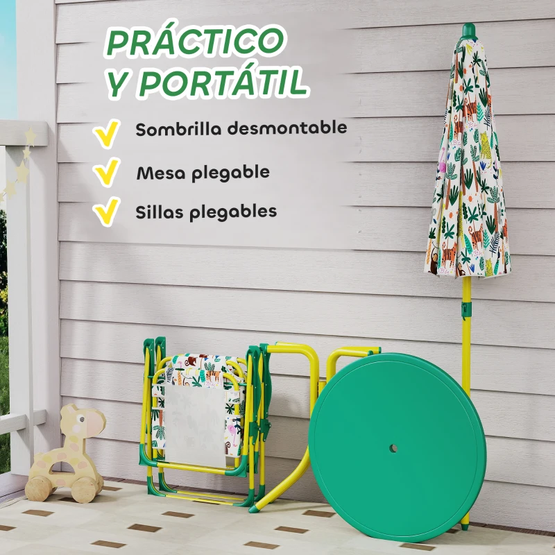 AIYAPLAY Conjunto de Mesa y Sillas Infantil de Jardín de 4 Piezas Sillas Plegables Sombrilla Desmontable Diseño de Jungla Verde
