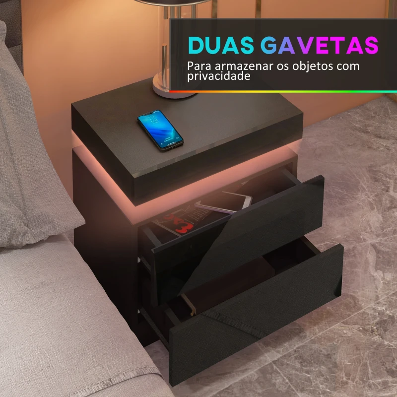 HOMCOM Mesa de Cabeceira com Luz LED Painel de Alto Brilho 2 Gavetas e Controlo Remoto para Dormitório 45x35x52 cm Preto