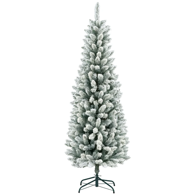 HOMCOM Kunstkerstboom, Slanke Vorm, Kunstmatige Sneeuw, Driedelig, Vlamvertragend, Metalen Voet, 180 cm, Groen