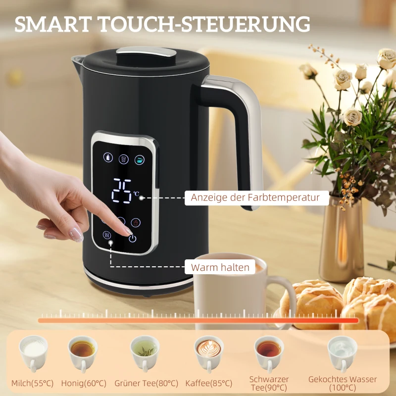 HOMCOM Waterkoker en Toaster-set met LED-Touchscreen, 1,7 L, 2 sleuven, verschillende modi en functies, Zwart