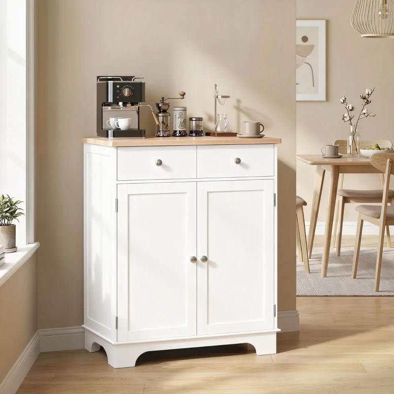 HOMCOM Sideboard, Tischplatte aus Kautschukholz, 2 Schubladen, versetzbarer Einlegeboden, weiß, 68 x 40,3 x 85cm