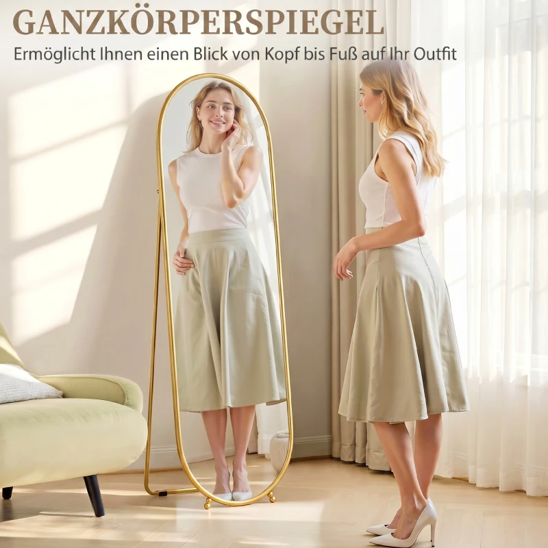 HOMCOM Staande Spiegel, Ovale Vorm, Vrijstaand/Wandmontage, Metalen Frame, 40x160cm, Kleur: Goud(m-4)