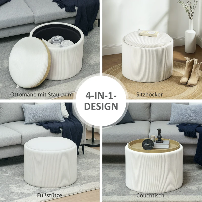 HOMCOM Opbergkruk met Ruimte, Rond, Voetensteun, Corduroy, MDF, Crèmewit