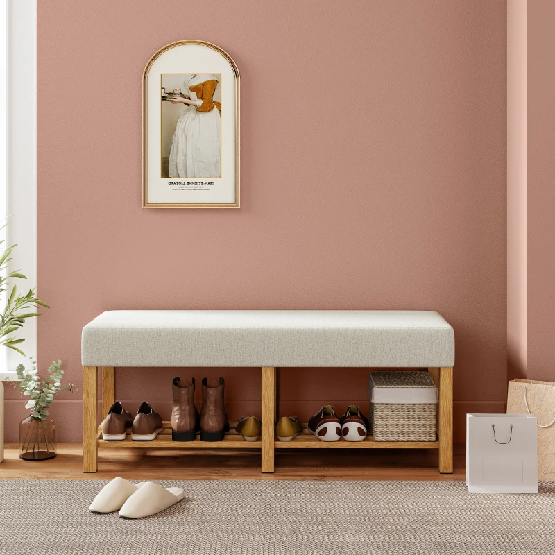 HOMCOM Banc à chaussures, banc de rangement avec siège rembourré, étagère ouverte, bois d'hévéa, 120x44x48cm, bois naturel