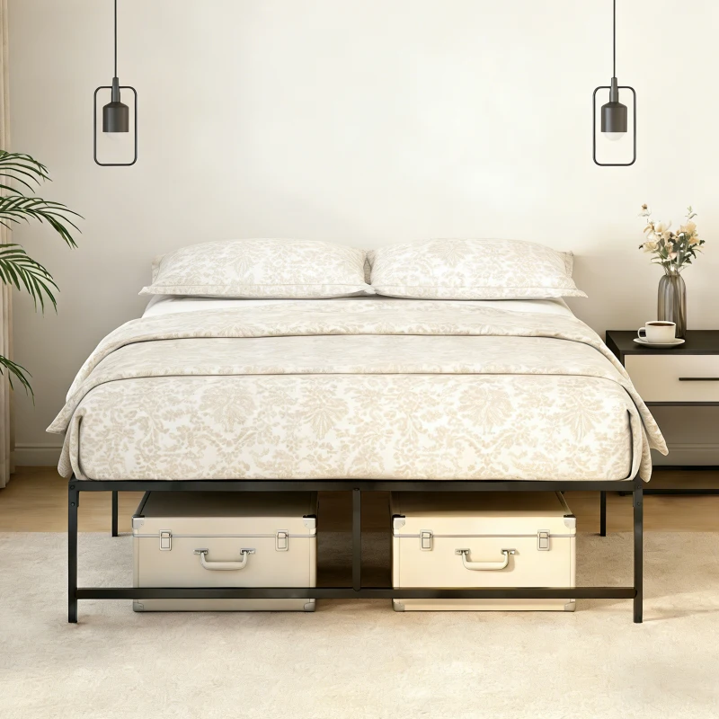 HOMCOM Cadre de lit double 140 x 190 cm, lit double 2 personnes en acier, hauteur 31 cm avec rangement, sommier à lattes, noir