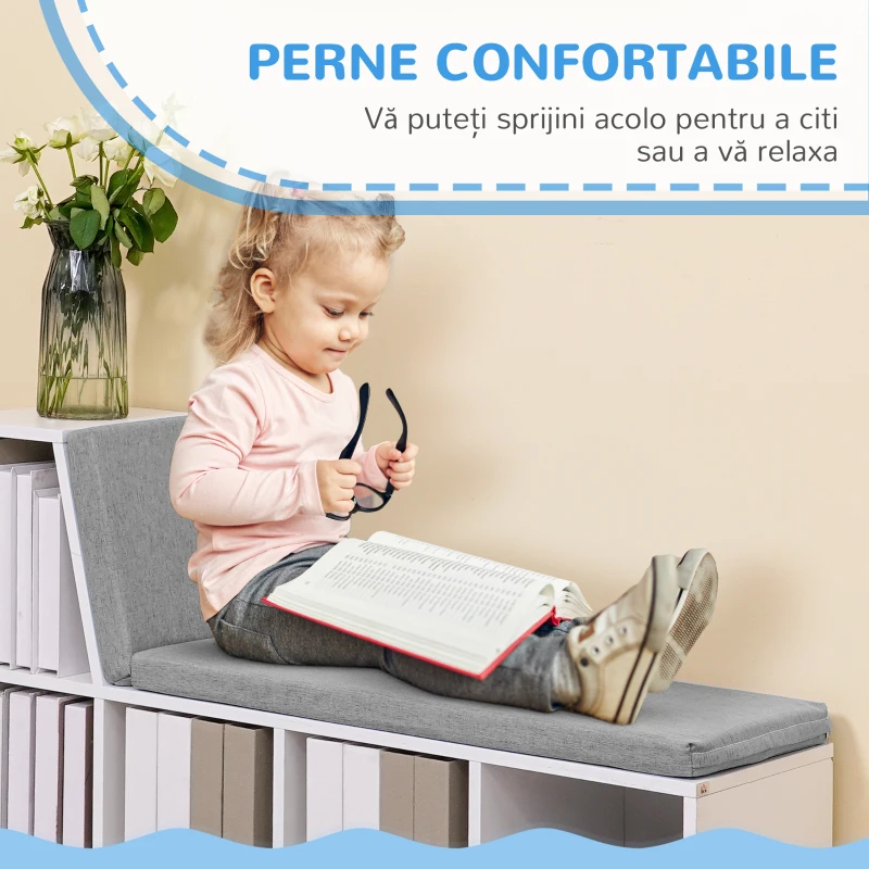 HOMCOM Bibliotecă cu 5 Rafturi Deschise și 2 Perne, Mobilier Modern din Lemn, pentru Living, Dormitor și Birou, Gri Alb