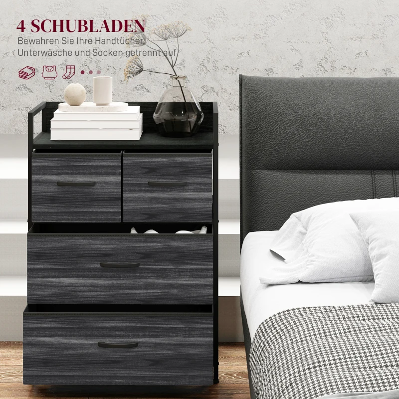 HOMCOM Ladekast, dressoir, 4 stoffen laden, industrieel design, 60x29x85 cm, zwart