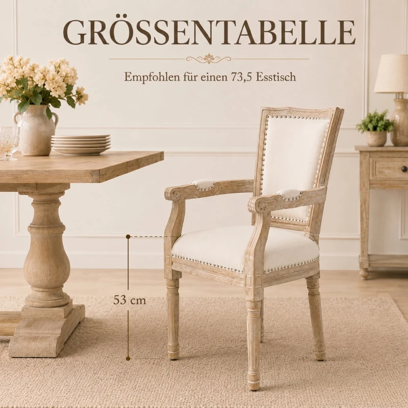 HOMCOM Eetkamerstoel in Franse Landelijke Stijl, Decoratieve Nagels, Rubberhout, Crème, 54,5 x 59 x 96 cm