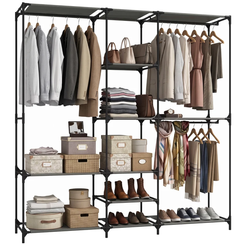 HOMCOM Dulap Textil Compact cu 3 Bare pentru Umerașe, 5 Rafturi și Structură din Oțel, 182 x 43 x 182 Cm, Negru