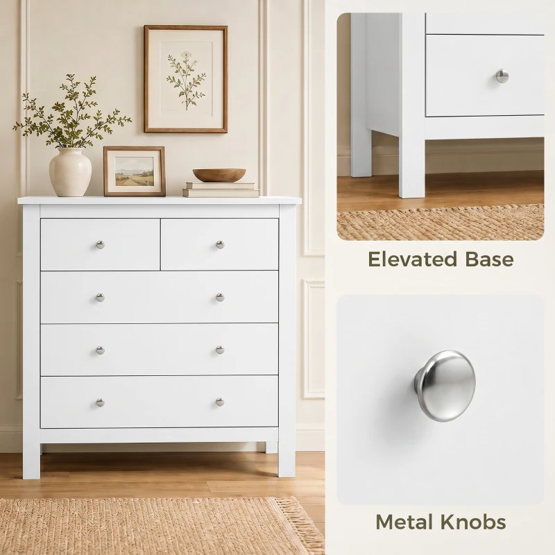 HOMCOM Modern Chest of Drawers, 5 Drawer Storage Cabinet with Metal Handles and Runners for Bedroom, White