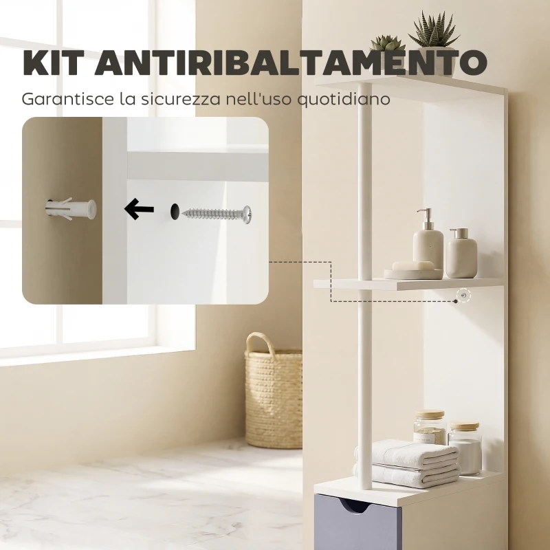HOMCOM Colonna Bagno, Mobile Bagno Salvaspazio in Legno, Mobiletto con Armadietto, Ripiani e Cassetti, 15x33x136.8 cm, Grigio Chiaro