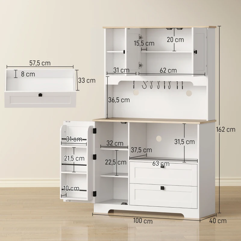 HOMCOM Credenza Cucina con 3 Armadietti, 2 Cassetti, Ripiani Regolabili e Portaspezie, 100x40x62 cm, Bianco