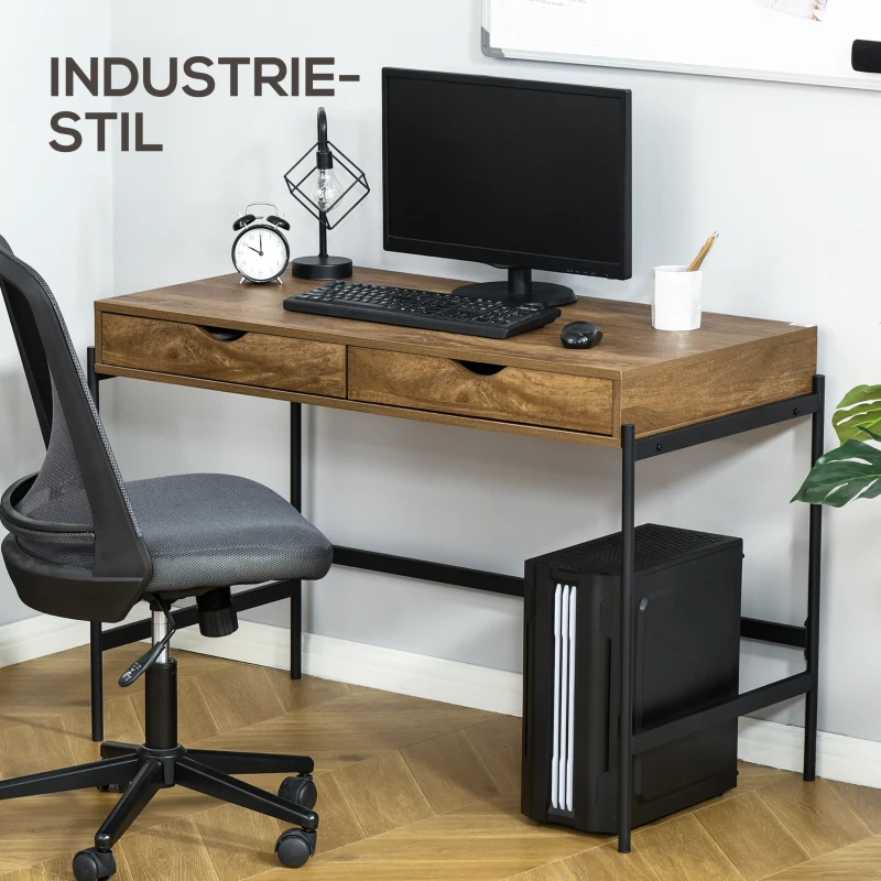 HOMCOM computertafel industriële stijl bureau bureautafel met lades home office tafel MDF metaal bruin + zwart 110 x 55 x 75 cm